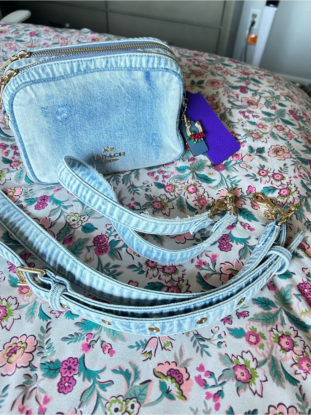 COACH Light Blue Denim Distressed Crossbody Bag with Gold Logo - Picture 3 of 8